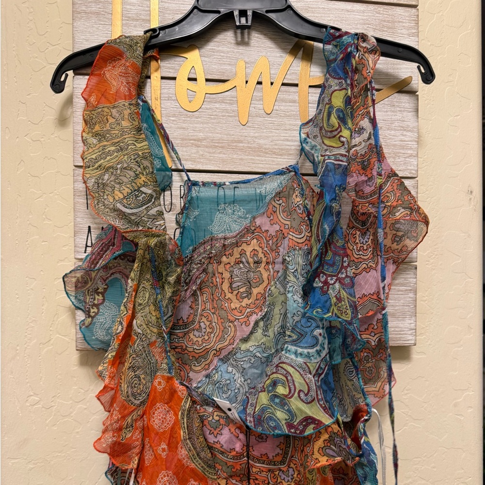 Zara ruffled patchwork flowy top with metallic an… - image 7